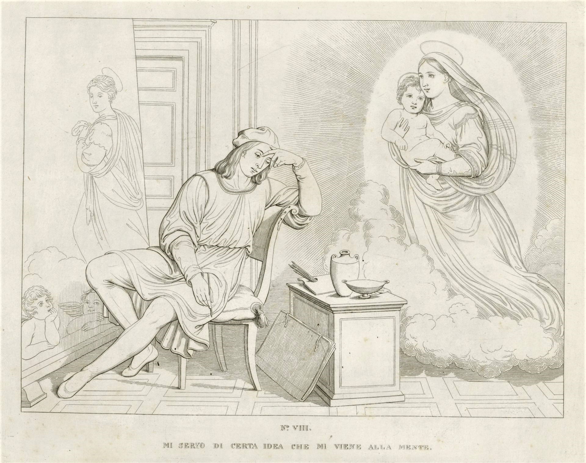 Johannes Riepenhausen, Raffaels Vision / 'MI SERVO DI CERTA IDEA CHE MI VIENTE ALLA MENTE', 1833, Radierung, In: 'VITA DI RAFFAELLE DA URBINO [...]', Rom 1833, Tafel 8